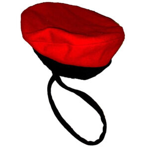 VINTAGE Red Wool Beret w Black Faux Fur Trim & Velvet Chin Straps & Ear Covers